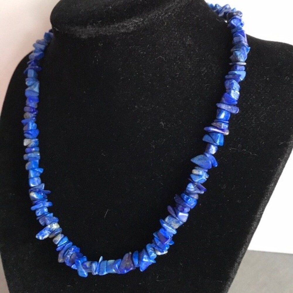 Vintage Handmade Blue Lapis Chip Sterling Silver Clasp Necklace Approx 16.5 in